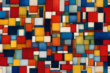 Playful and sophisticated, an abstract masterpiece unfolds with squares in a seamless pattern, bathed in the lively brilliance of primary colors.