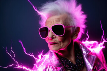 A stylish elderly woman in a jacket with lightning