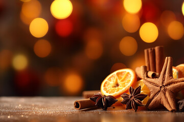 Christmas spices and dried orange slices on holiday bokeh background