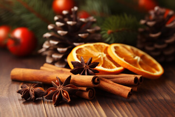 Christmas spices and dried orange slices on holiday bokeh background