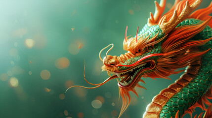 Naklejka na ściany i meble Traditional Asian dragon on green background with copy space , generative ai