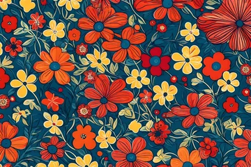 Foto auf Acrylglas Playful and vibrant, an illustration features interlocking flowers in a retro-style print, creating a seamless pattern against a backdrop of trendy primary colors. © Best