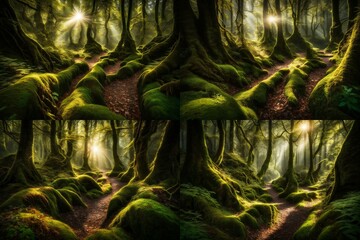 A hidden pathway in a mystical forest, sunlight filtering through the dense foliage onto a moss-covered trail - obrazy, fototapety, plakaty