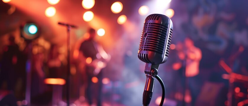 a microphone placed in front of an enthusiastic audience.