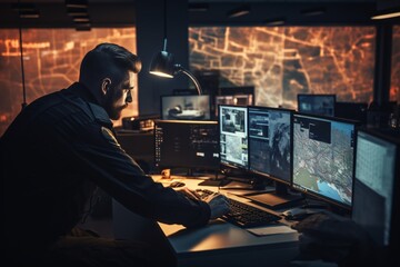 Professional Monitoring Real-Time Global Data on Multiple Screens in a Dimly Lit Room