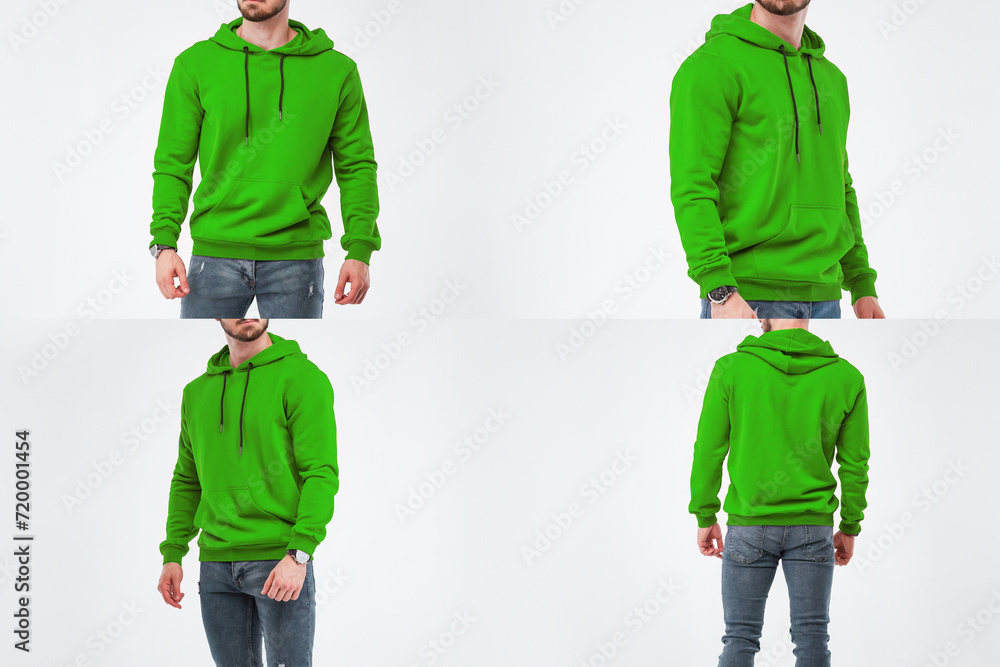 Poster a man wears a green hoodie. mock-up of street wear for logo printing. front side and back rear view  - Posters