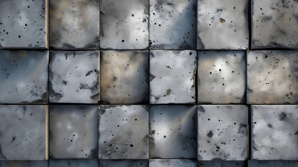 Aged concrete tiles forming a pattern on an exterior wall
