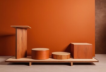 Brown orange background with catwalk for cosmetics