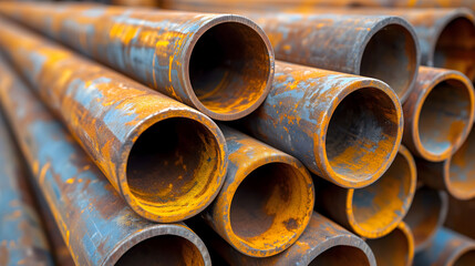 A pile of rusted metal pipes in industrial storage