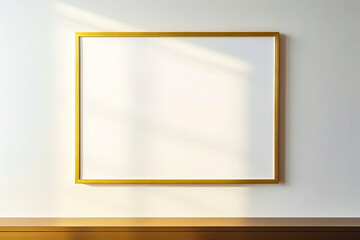White and gold frame hanging on wall above table.