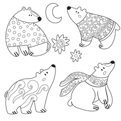Black and white polar bears in festive scarves and sweaters in outline