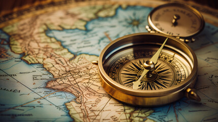 Old compass on vintage map