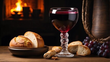 Photo chalice with wine and grapes and sour bread symbol of communion, generative ai
