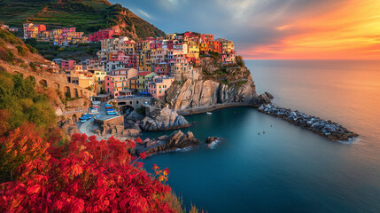 Sunset Embrace in Cinque Terre: Italy's Coastal Palette of Romance - obrazy, fototapety, plakaty