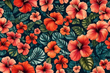 Vibrant hibiscus blooms intertwining gracefully in a hand-drawn seamless pattern, capturing the essence of tropical nature.