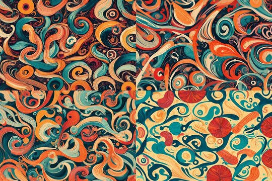 Vibrant swirls of organic shapes dance across a canvas in a retro-style seamless pattern, capturing the essence of creativity.
