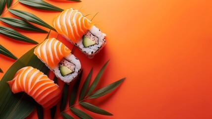 minimalist vivid advertisment background with sushi and copy space