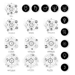 Design of astrological vector, black and white stickers. Vector drawing of the solar system, planets, universe, astrology and star placement. Set of planets symbol icons