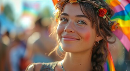 young woman at festival with rainbow flags on her head
