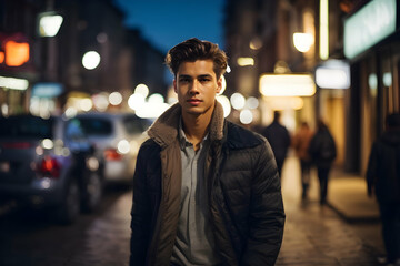 Portrait of a handsome young man walking on the street at night