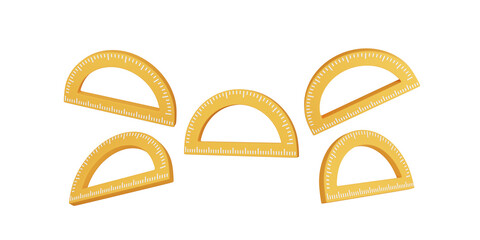 3D illustration of a set of yellow protractors in different positions isolated on transparent background