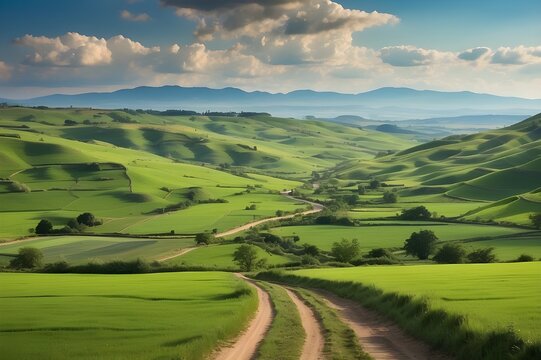 landscape with green fields and blue sky © Waqasiii_Arts 