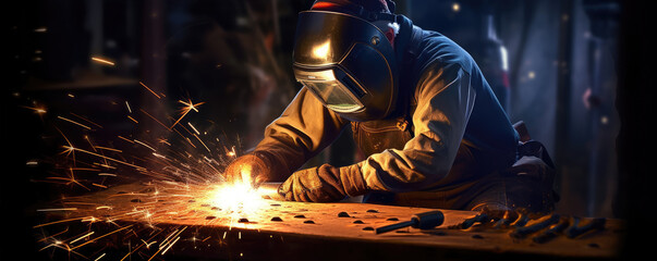 Metal welder working with arc welding machine to weld steel at factory. generative ai - obrazy, fototapety, plakaty