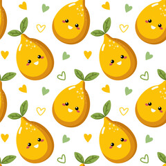 Lemon, vector seamless pattern with cute fruit characters on dotted background