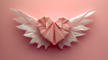 Pink paper origami heart with wings on pink background. ai generative
