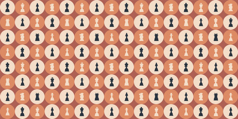 Chess Board Retro Seamless Pattern. Board Game Sport Championship Background with Chess Pieces.