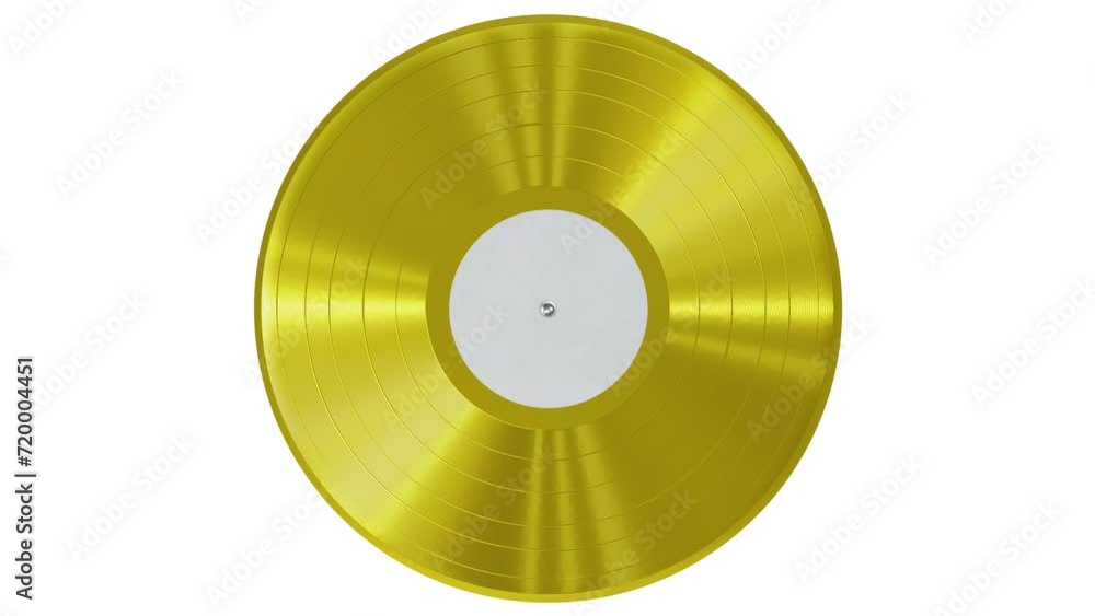 Poster realistic seamless looping 3d animation of the spinning single fancy yellow vinyl record with a blan