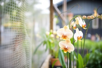 orchids placed in a netted outdoor enclosure