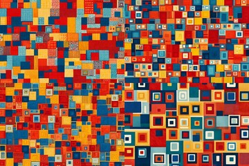 Fototapeta premium A dance of squares takes center stage, creating a retro-style print with a seamless pattern that celebrates creativity in vibrant primary colors.