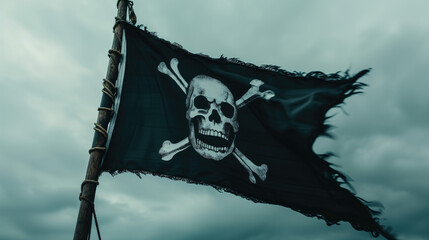 Fototapeta premium Pirate flag with skull and bones on cloudy sky background