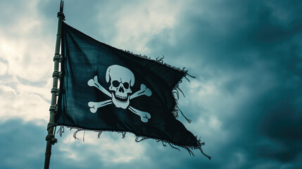 Pirate flag with skull and bones on cloudy sky background