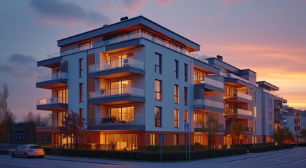modern apartment building near the street at sunset