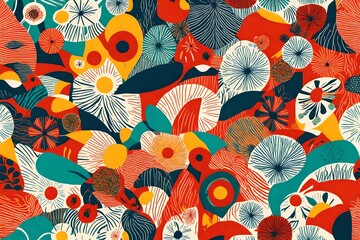 A burst of retro charm comes to life in an abstract print, showcasing organic shapes in a seamless pattern with a vibrant primary color backdrop. - obrazy, fototapety, plakaty