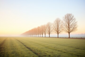 row of trees lining the foggy field edge at sunrise