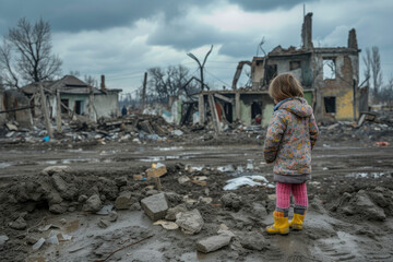 Fototapeta na wymiar an orphaned child stands in front of the ruins of a town destroyed in the war