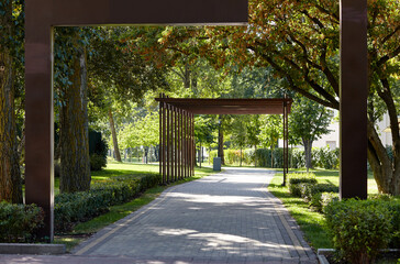 Pathway surrounded by trees and ornamental shrubs in Kyiv, Europe. Recreation place in the city park
