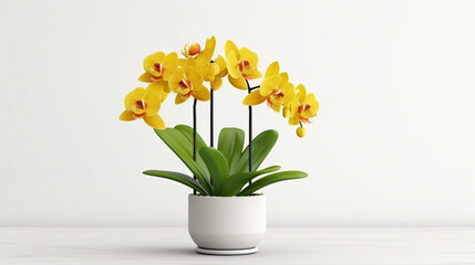 3d render yellow orchid flower in a pot on a white background