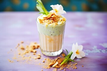 topped smoothie with a sprinkle of crushed peanuts and banana slice