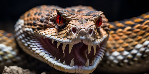 Fototapeta premium Close-up of a Menacing Rattlesnake Displaying Fangs with Venom Dripping, Symbolizing Danger and Wild Nature