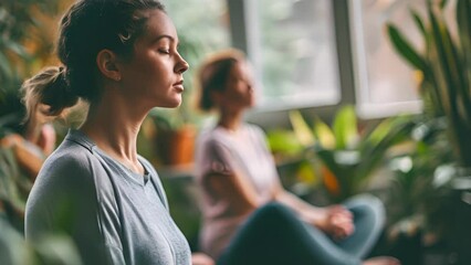 A person sitting crosslegged, listening intently to the instructor during a mindfulness lesson.