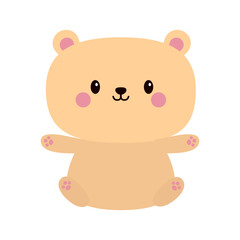 Cute little bear toy sitting on the ground. Kawaii cartoon character icon. Brown grizzly. Funny head face. Pink paw print. Happy Valentines Day. Baby greeting card. Flat design. White background.