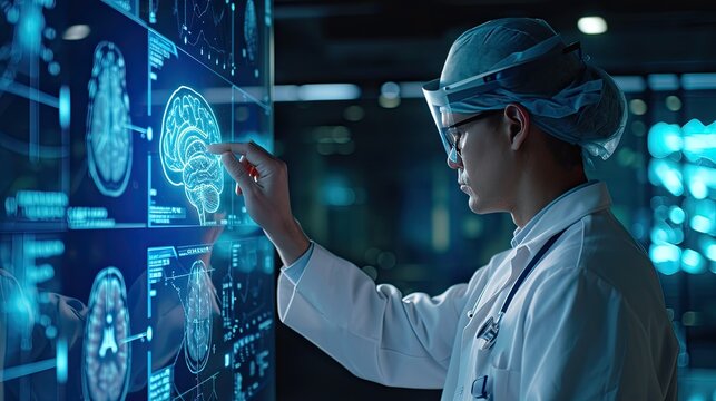 Doctor and innovative medical technology diagnose and examine patient brain with intelligence software. AI, Innovation medical healthcare and digital science technology in futuristic.