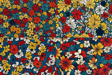 A burst of creativity unfolds with flowers in an abstract masterpiece, forming a seamless pattern adorned with the timeless charm of retro-inspired primary colors.