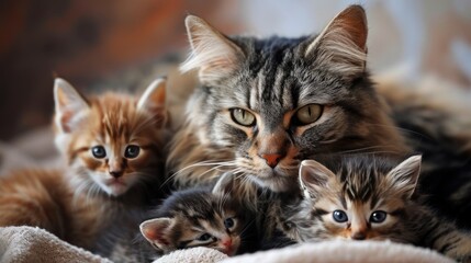 Mother Cat take care Kittens, pet cat family