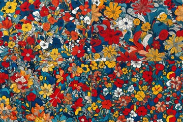 Fototapeta na wymiar Playful and sophisticated, an abstract masterpiece unfolds with flowers in a seamless pattern, bathed in the lively brilliance of primary colors.