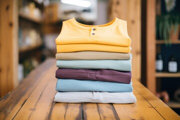 stack of naturally dyed cotton shirts on wood - obrazy, fototapety, plakaty
